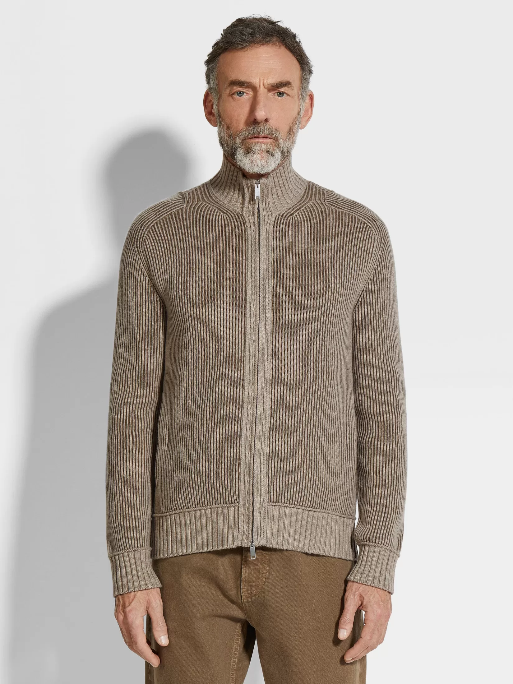 ZEGNA Sweaters<Light Taupe and Khaki Mélange Oasi Cashmere Full Zip Cardigan LightTaupe/KhakiMélange