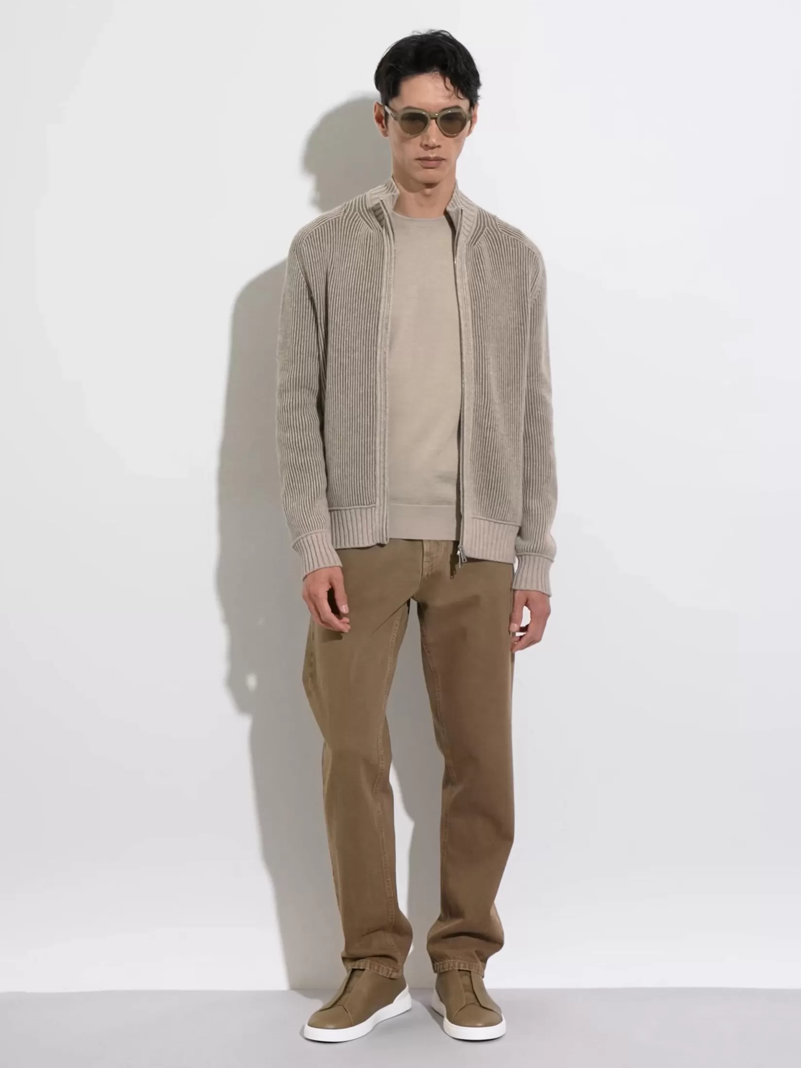 ZEGNA Sweaters<Light Taupe and Khaki Mélange Oasi Cashmere Full Zip Cardigan LightTaupe/KhakiMélange